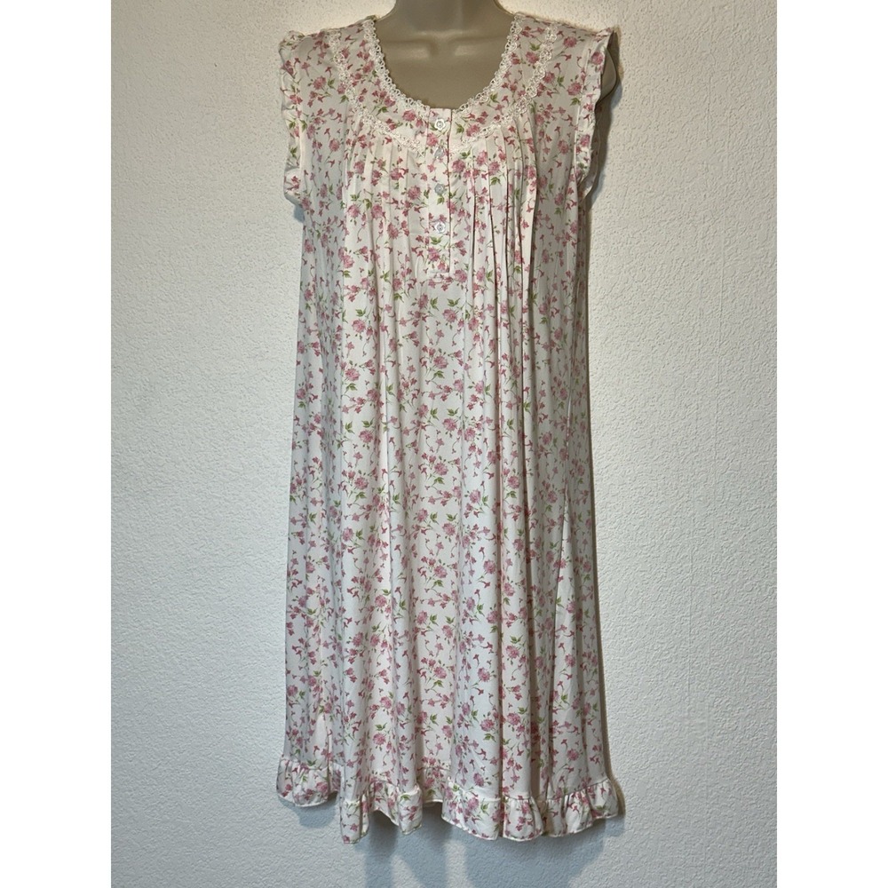 Cottagecore Nightgown Embroidered White Pink Floral Knit Ruffle Prairie Soft EUC